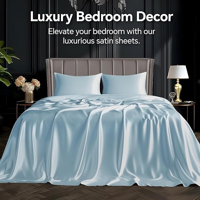 BEDELITE California King Sheets Set, Luxury Soft Light Blue Satin Sheets for Hair and Skin, Similar to Silk Bed Sheets Set 4 Pieces with 1 Deep Pocket Fitted Sheet, 1 Flat Sheet, and 2 Pillowcases
