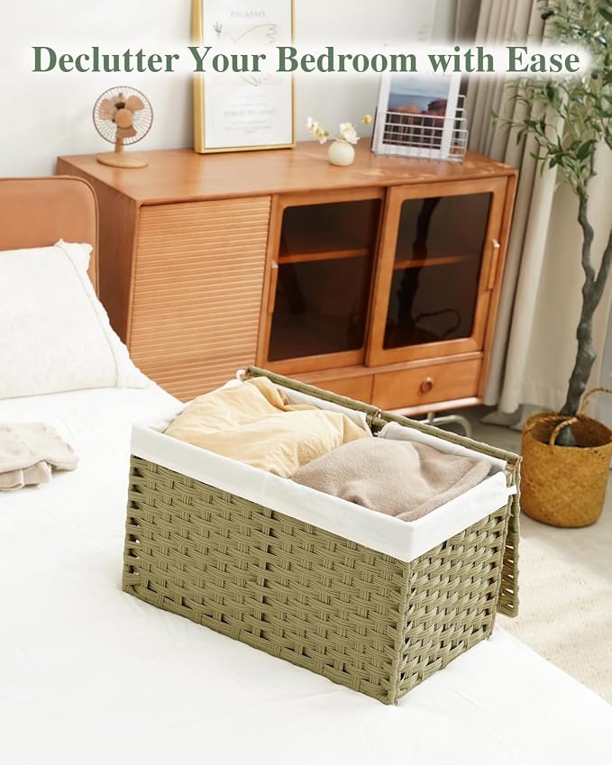 SETVSON Storage Basket with Lid Rattan Woven Storage Baskets with 2 Separate Lids, 17.2 Gallon (65 L), Wicker Storage Bins Foldable, 2 Removable Liner Bags Handles for Bedroom, Laundry Room Green - Image 7