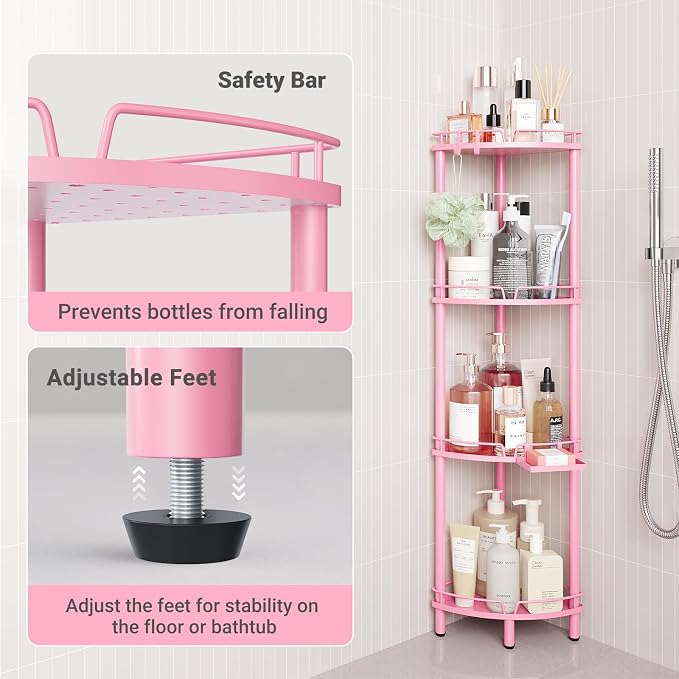 ELYKEN Corner Shower Caddy Standing, 4 Tier Rustproof Metal Shower Organizer with Soap Holder, Floor Shower Corner Shelf Rack Storage Stands with Adjustable Feet & 2 Hooks for Bathroom, Pink - Image 5