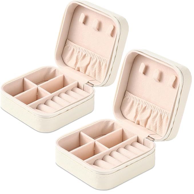 Neveika Portable Travel Mini Jewelry Box Leather Jewellery Ring Organizer Case Storage Gift Box Girls Women (2pcs White). - Image 8