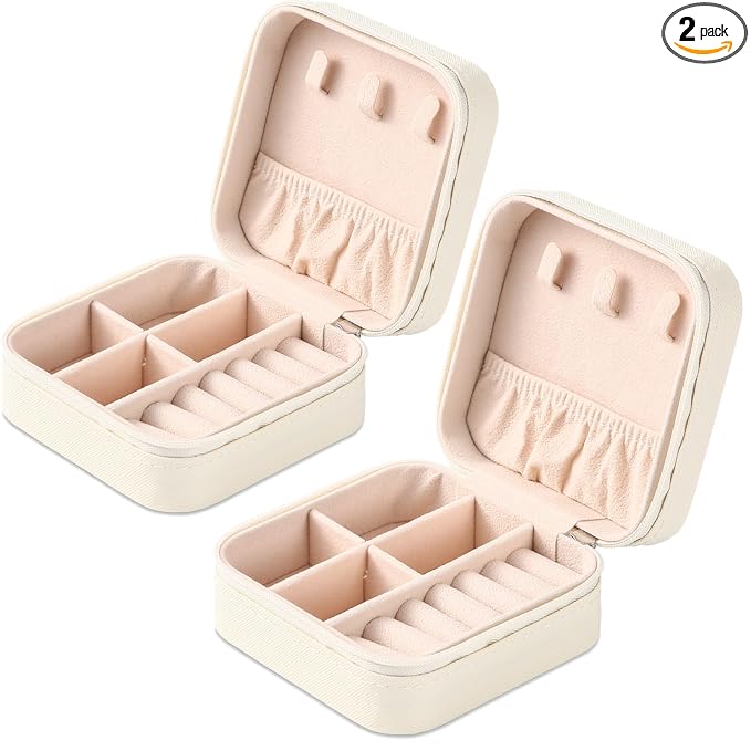 Neveika Portable Travel Mini Jewelry Box Leather Jewellery Ring Organizer Case Storage Gift Box Girls Women (2pcs White). by NEVEIKA