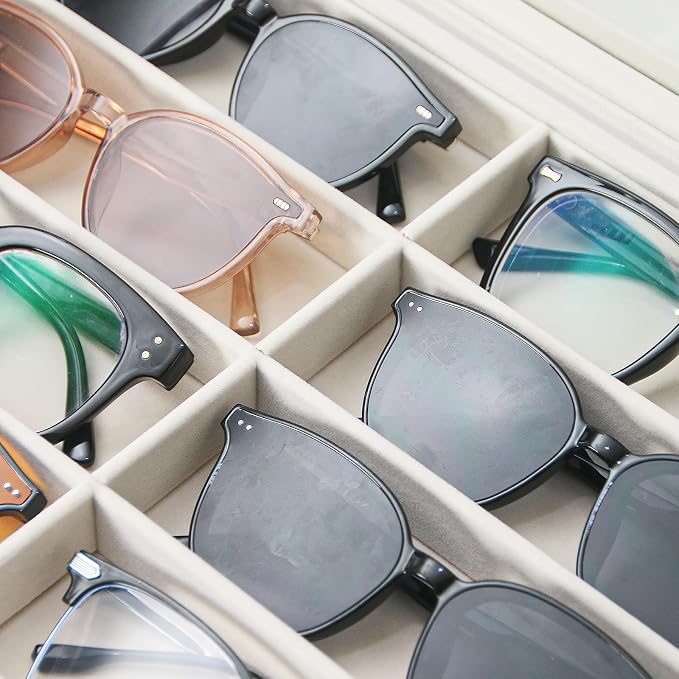 Coward Sunglass Organizer Tray Box, Beige Velvet Grids Eyeglasses Display Tray Case with Transparent Glass Lid for Home Use or Store Shop Selling Show - Image 5
