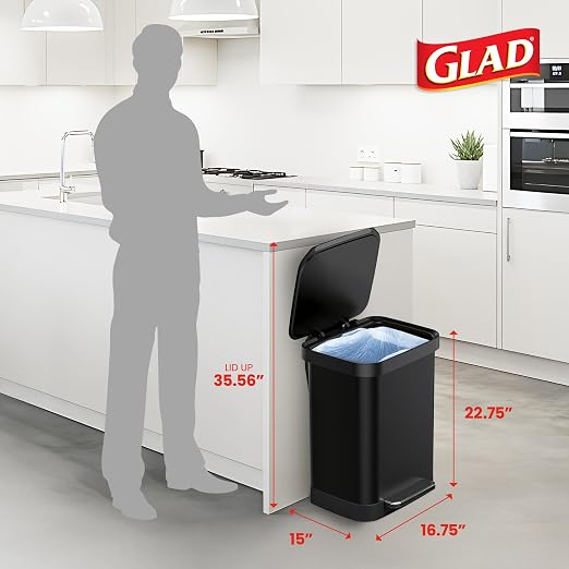Glad Stainless Steel Step Trash Can, Series 2 with Clorox Protection - Large Black Kitchen Garbage Bin with Soft Close Lid, Foot Pedal and Waste Bag Roll Holder, 13 Gallon - Image 2