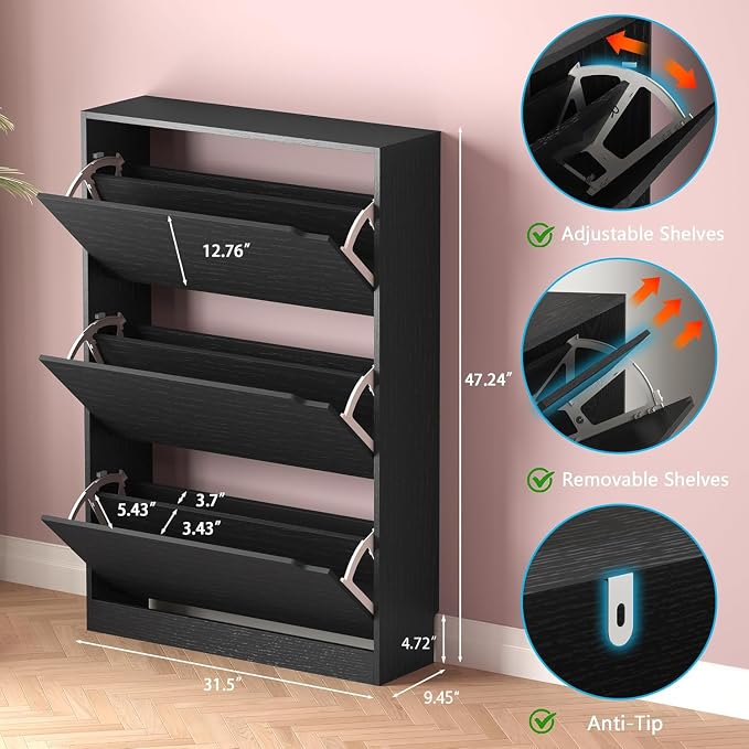 BORNOON Shoe Storage Cabinet with 3 Flip Drawers,Narrow Shoe Rack Cabinet,Freestanding Organizer Storage for Entryway, Hallway, Black - Image 2
