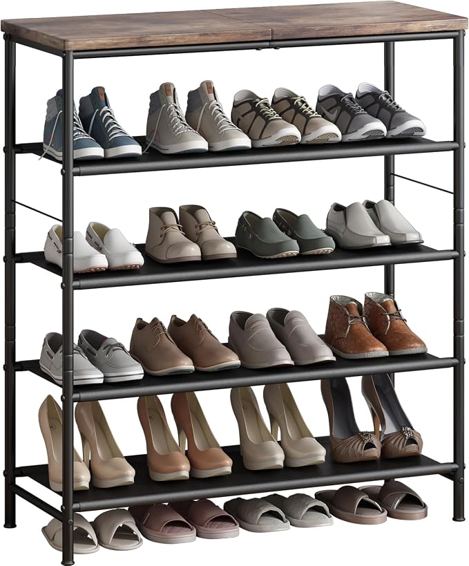 INGIORDAR Shoe Rack Organizer 5 Tier Metal Organizer Shelf with Industrial MDF Board and Layer Fabric for Entryway Closet Bedroom Living Room Garage,Black & Rustic Brown (Black+Rustic Brown, 5 Tier) by INGIORDAR