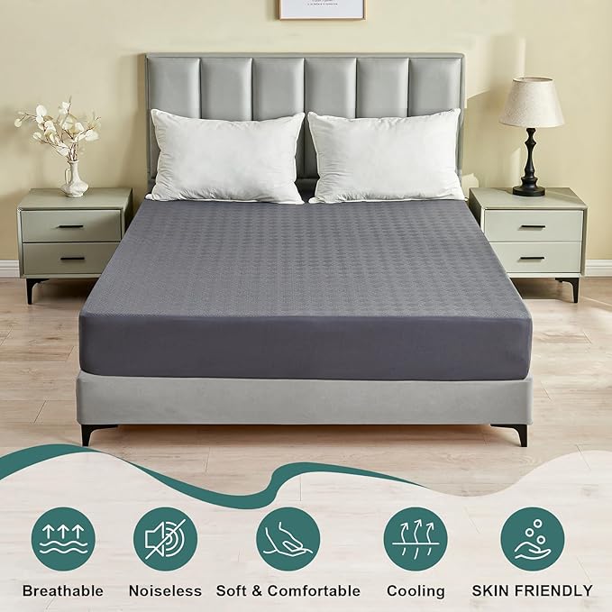 Queen Size Waterproof Mattress Protector, Breathable Bed Cover with 6 to 18 Inch Deep Pocket, Cooling Quiet Fitted Sheet, Noiseless Machine Washable for Home Bedroom Hotel, Gray (60x80 Inches)