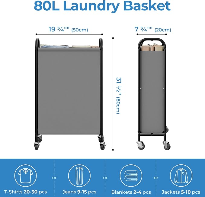 GRANNY SAYS 80L Slim Laundry Hamper with Silent Brake Wheels, Sturdy Metal Frame & Handle, Rolling Laundry Basket for Laundry Room, Bedroom, Bathroom, or RV – Suited for Singles or Couples, Grey - Image 2