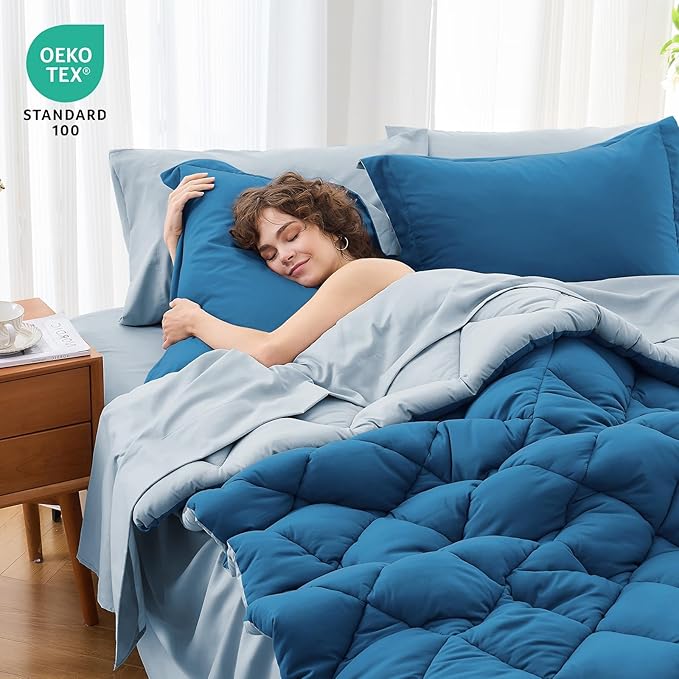 MUXHOMO 5 Pieces Twin Comforter Set, Reversible Bed in a Bag Twin Size, All Season Bedding Set with Comforter, Flat Sheet, Fitted Sheet, Pillowcases & Shams, Teal & Lake Blue