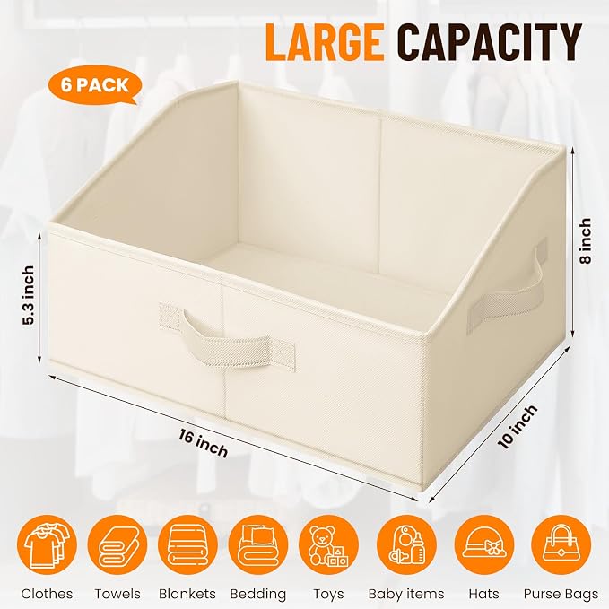Criusia Closet Organizers Bins 6 Pack - Large Closet Shelf Organizer with Handles - Fabric Trapezoid Home Organization and Storage Baskets for Organizing Clothes Toy Blanket Towel Purse Hats - Image 2
