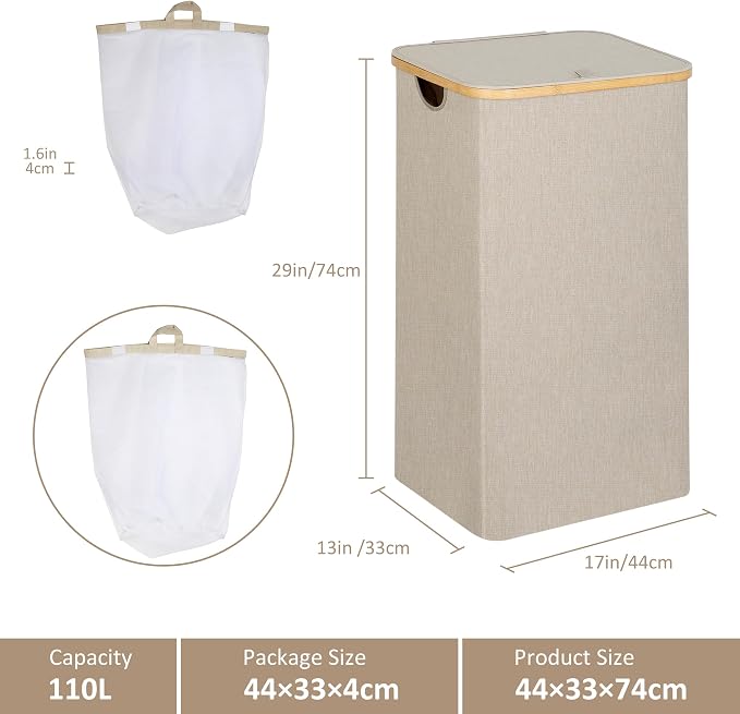 IEGrow Laundry Basket with Lid, Large Laundry Hamper with Handle and Lid, Collapsible Clothes Basket Organizer with Removable Inner Bag for Clothes Toys Towels (Oatmeal, 110L) - Image 6