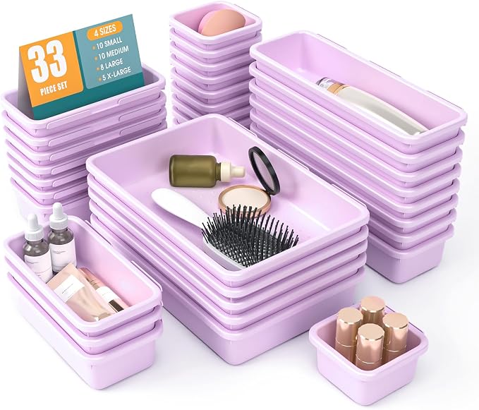 33 PCS Drawer Organizer Set, 4 Size Makeup Drawer Divider Organizer With Non-Slip Pads, Interlocking Plastic Storage Bins for Office,Jewelry Vanity,Gadgets, Bathroom,Kitchen, Purple by StoreHappily