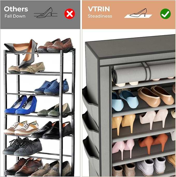 VTRIN Vertical Narrow Shoe Rack Organizer Tall Shoe Rack for Closet Entryway 10 Tier Non-Woven Cover Shoe Shelf Holds 36-41 Pairs Free Standing Shoe Storage Cabinet with Dustproof Cover, Grey - Image 6