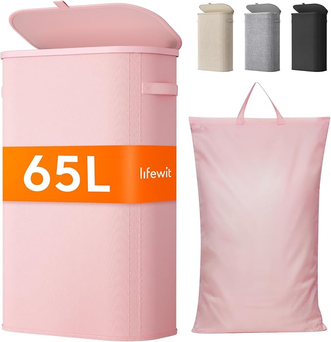 Lifewit Slim Laundry Basket with Lid, Narrow Large Laundry Hamper with Plastic Handles and Removable Bag, Tall Foldable Dirty Clothes Hampers for Laundry Room, Bedroom, Bathroom, Dorm, 65L Pink by Lifewit