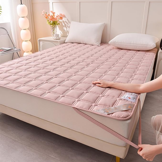 Queen Mattress Protector Cover with Elastic Straps - Thin Foldable Quilted Cover Pad for Student Dormitory - Soft & Comfortable, Breathable Cool Mat - Machine Washable