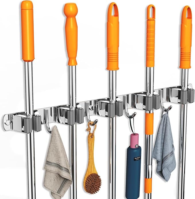 CUXIXA Broom and Mop Organizer Wall Hanging, Upgraded Mop and Broom Holder Wall Mount, Stainless Steel Broom Hanger Wall Mount for Laundry Room Organization and Storage（5 Racks with 4 Hooks） by CUXIXA