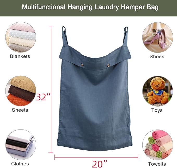 Linen Hanging Laundry Bag, 100% Linen Over The Door Laundry Hamper with Buttons and Zipper, Space Saving Door Hampers for Laundry Dirty Clothes Home Travel, Navy Blue - Image 2