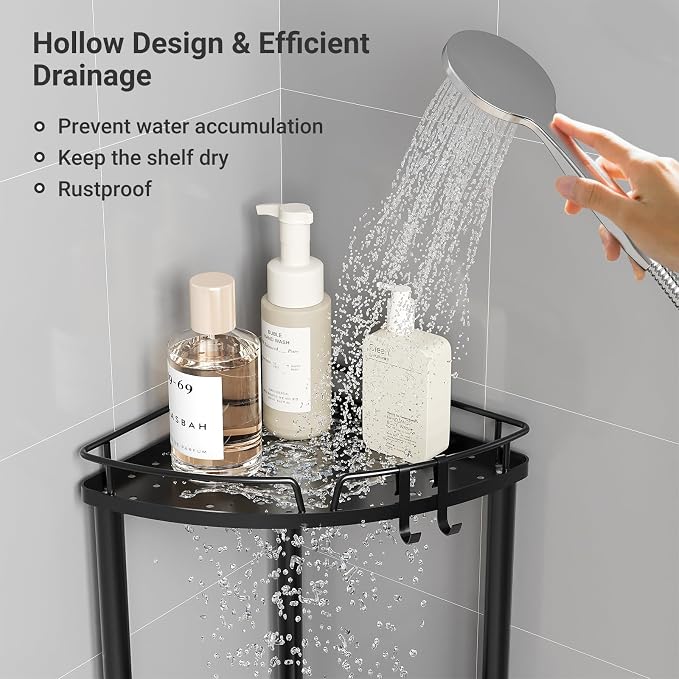 ELYKEN Corner Shower Caddy Standing, 3 Tier Rustproof Metal Shower Organizer with Soap Holder, Floor Shower Corner Shelf Rack Storage Stands with Adjustable Feet & 2 Hooks for Bathroom, Black - Image 6
