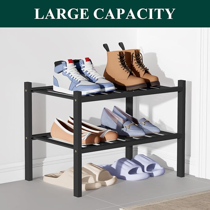 Smiry Bamboo Shoe Rack for Closet, 2 Tier Small Wooden Stackable Shoe Organizer, Free Standing Shoes Storage Shelf for Entryway, Front Door Entrance, Black - Image 5