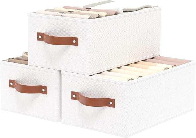 OUTBROS Foldable Wardrobe Organiser, Fabric Storage Bins, Boxes With Handles, For Bedrooms, Living Rooms, Shelves, White, 16.1 x 6.5 x 9.8 inch, 3-Pack by OUTBROS