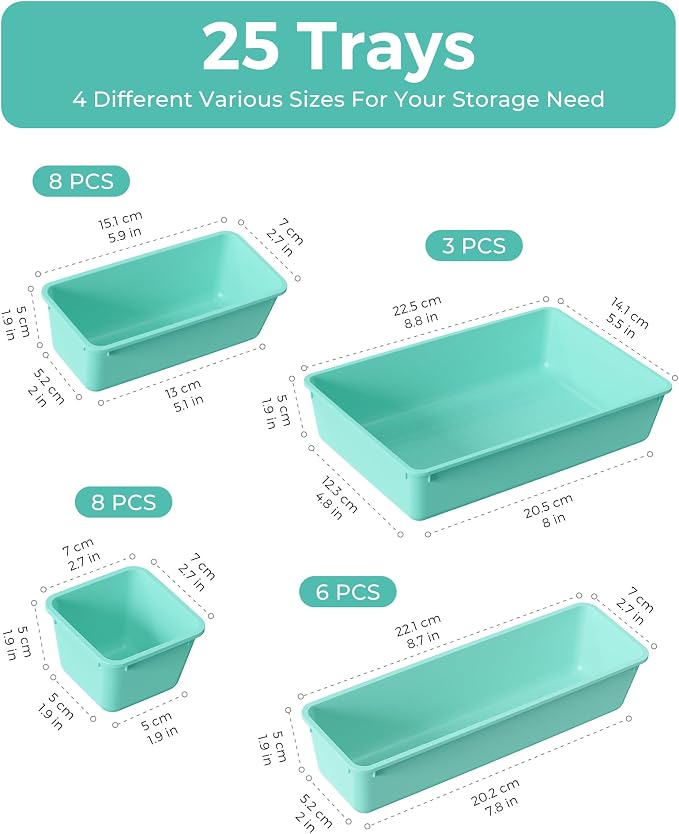 BiuLeon 25 PCS Plastic Drawer Organizers Set, 4-Sizes Vanity and Makeup Organizer, Desk and bathroom Drawer Organizer Trays, Organizers and Storage for Makeup, Jewelry, Gadgets, Utensils (Blue) - Image 2