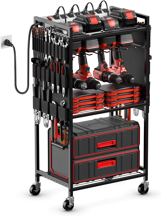 JUNNUJ Large Power Tool Organizer Cart with Charging Station, Garage Floor Standing Rolling Drill and Tools Battery Storage Cart on Wheels, Heavy Duty Rack Shelf with 8 Outlet Power Strip, Black by JUNNUJHome