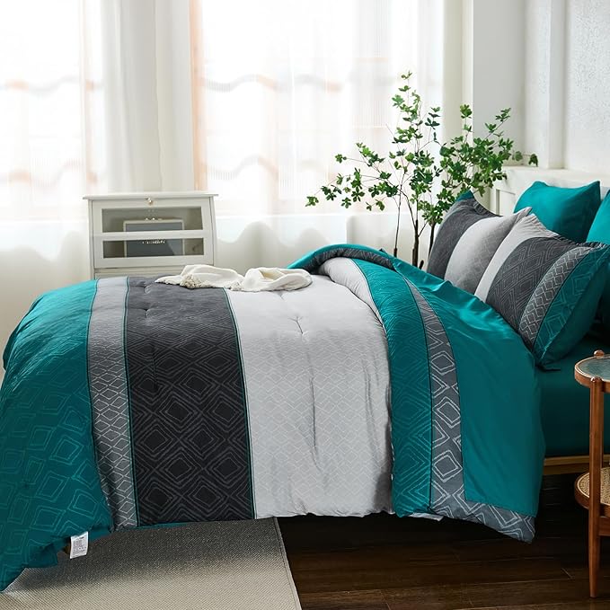 Dinjoy Teal Blue King Size Comforter Set,Striped Boho Bed in a Bag King 7 Pieces Soft Fall Bedding Comforters Sets wiht Sheets Microfiber Complete Bed Sets for All Season