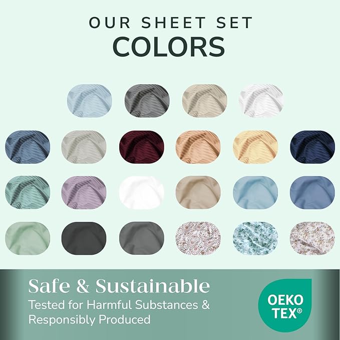 Feather & Stitch 500 TC King Size Damask Bed Sheet Set, 100% Cotton Soft Breathable Bedsheets, 4 Piece 18" Deep Pockets Sateen Weave Striped Bedding Mattress Resort Hotel Luxury - (Blue Blush Stripe)