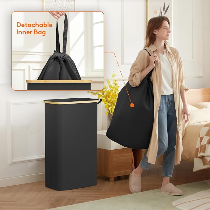 Lifewit 75L Slim Laundry Hamper with Lid, Narrow Laundry Basket with Removable Bag & Bamboo Handles, Fodable Thin Dirty Clothes Hamper for Laundry Collapsible Bin for Bathroom Bedroom Dorm, Black - Image 4