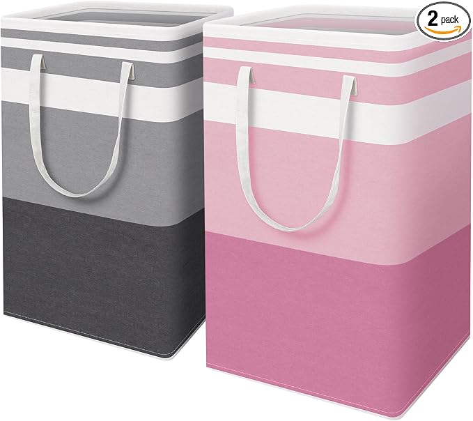 HomeHacks 2 Pack Large Laundry Baskets, Waterproof, Freestanding Laundry Hampers, Collapsible Clothes Hamper with Reinforced Handles in Laundry, College Dorm, Bathroom, Bedroom (Grey+Pink, 88Lx2) by HomeHacks