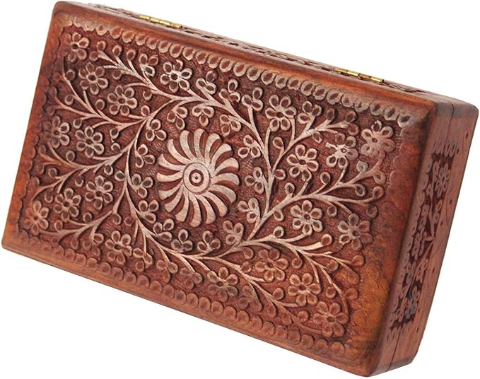 Ajuny Wooden Handcarved Decorative Jewelry Storage Box Flower Design Multipurpose Treasure Chest Keepsake Organizer Necklaces Watch Boxes Great for Gifts 8x5 Inch - Image 5