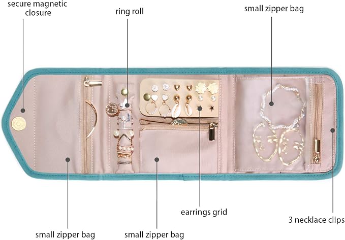 BAGSMART Travel Jewelry Organizer Case Foldable Jewelry Roll for Journey Rings, Necklaces, Earrings, Bracelets,Mini,Teal - Image 3