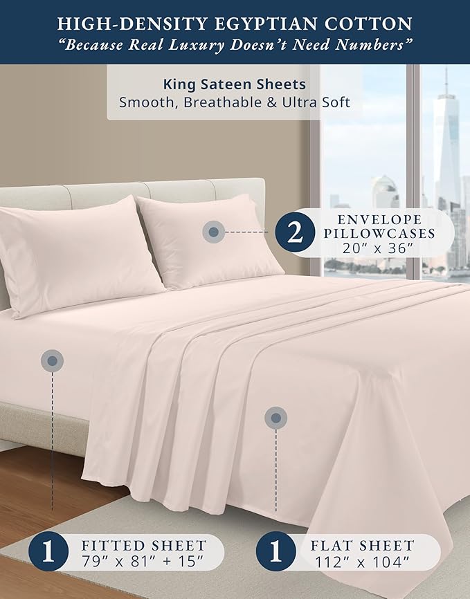 LANE LINEN 100% Egyptian Cotton King Size Bed Sheets, Machine Washable Naturally Temperature regulating Sustaibable No Pill Fade Resistant King Size Sheets Set Cotton - Petal Pink