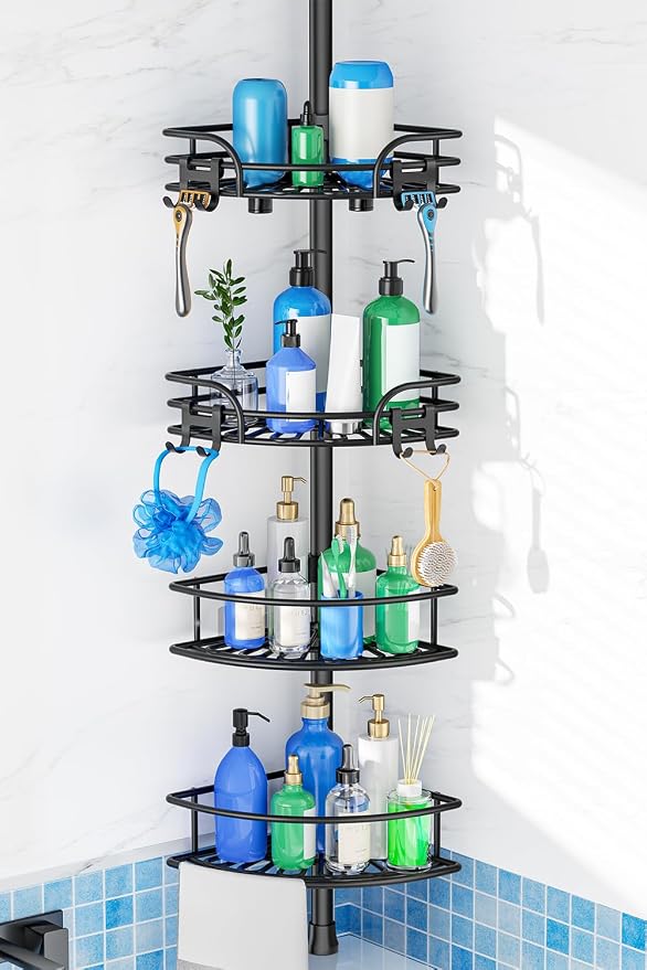HAMITOR Corner Shower Caddy Tension Pole: 4-Tier Large Capacity Bathroom Organizer Shelf with Towel Bar - Rustproof No-Drill Adjustable 47-123 inch Storage for Renters, Home Bathtub Stand Rack, Black by HAMITOR
