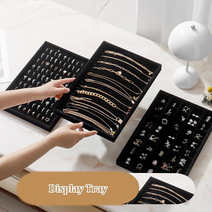 Large Velvet Jewelry Tray 2 Pack Stackable Jewelry Display Drawer Inserts Trays Organizer for Earring Bracelet Necklace Ring (Black, 20 Hooks) - Image 3