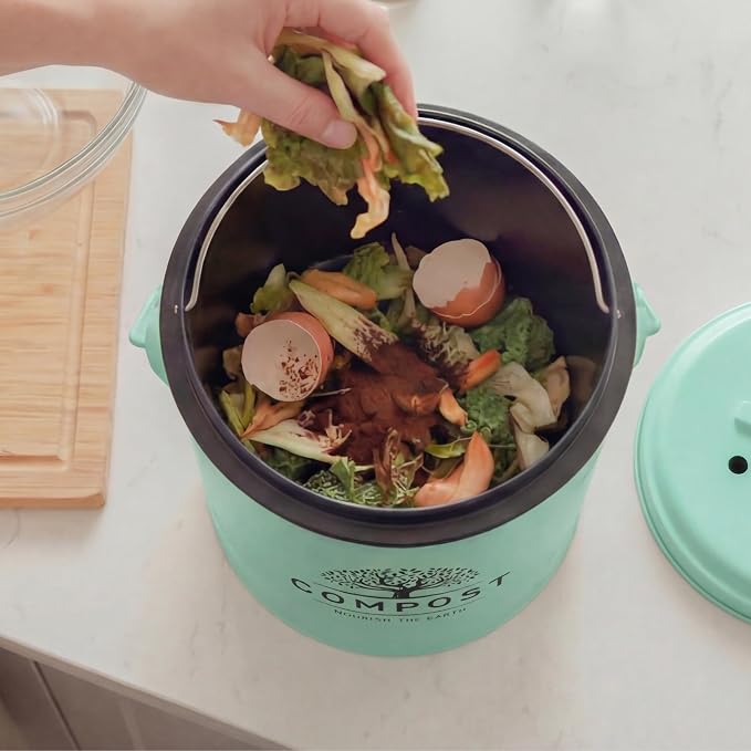 Perfnique Kitchen Compost Bin, 1.3 Gallon Countertop Compost Bin with Lid, Indoor Compost Bucket Includes Inner Bucket Liner and Carbon Filter, Small Compost Bin with Trash Bags (with Bags, Mint) - Image 9