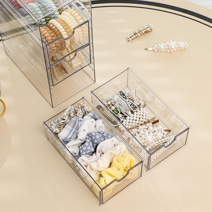 FABROK Clear Hair Accessory Organizer Box with 4 Drawers, Compact Storage Organization Drawers Set for Cosmetics, Glasses, Stationery, Stackable Storage Containers Box for Bathroom, Closet, Desk, Office - Image 2
