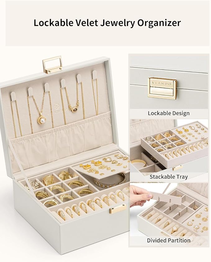 VLANDO Jewelry Box for Women, Gift for Women Girls,2 Layer Jewelry Box,Large Jewelry Organizer for Women Removable Jewelery Tray for Necklace Earrings Rings (Cloud White) - Image 5