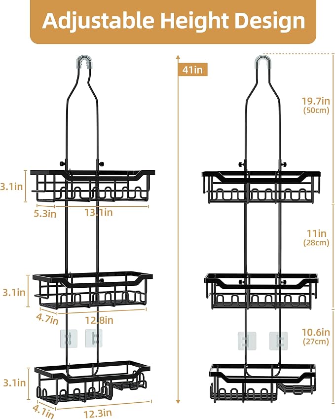 Adjustable Shower Caddy Hanging, Extended Length Organizer Over Shower Head, 3 Tier Long Neck Shower Rack with Soap Holder for Large Storage, Black - Image 2