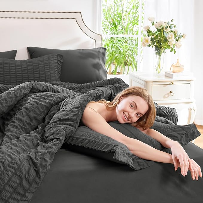 CozyLux Twin XL Comforter Set with Sheets Seersucker Dark Grey 5 Pieces Bed in a Bag, Dark Gray Twin Extra Long Bedding Sets for College Dorm with Down Alternative Comforter, Sheets, Pillowcase & Sham