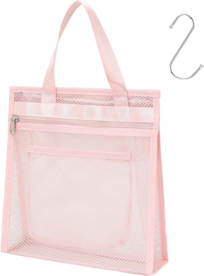 F-color Mesh Shower Caddy Portable Hanging - 3 Pockets Small Shower Bag Tote with Zipper Closure for Camping, Gym Lockers, Travel, Toiletry, Quick Dry Bathroom Essentials with S Hook, Pink - Image 9