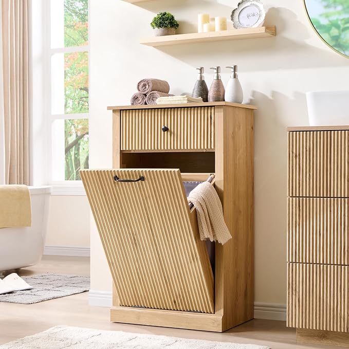 IFBUY Modern Tilt-Out Laundry Hamper Cabinet, 10 Gallon Fluted Trash Can Cabinet with Drawer, Wooden Hidden Garbage Can Cabinets with Laundry Basket, Free Standing for Bathroom & Kitchen, Natural Oak by IFBUYFarmhouseFurniture