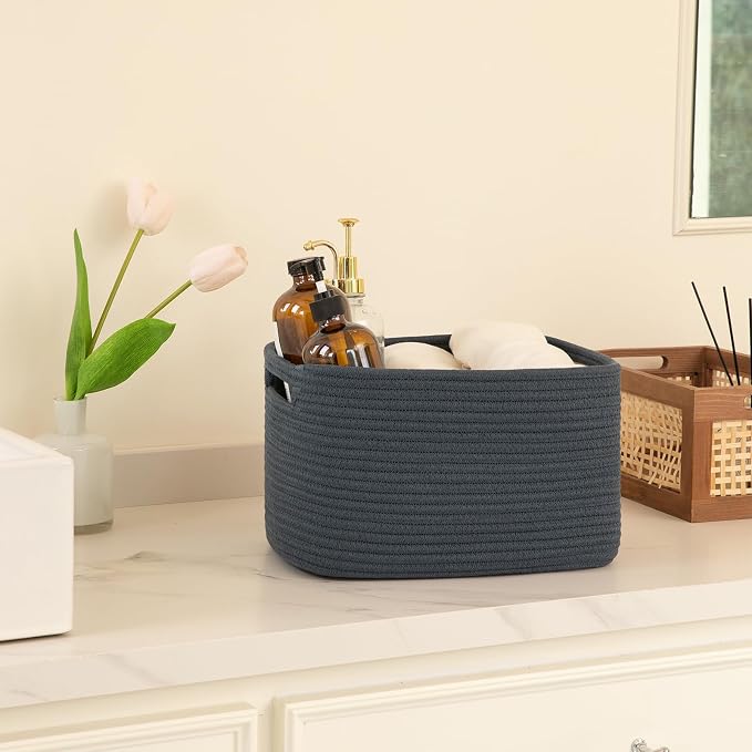 OIAHOMY 4 Pack Storage Baskets for Organizing, Cube Storage Bins for Shelves, Rectangle Storage Baskets With Handles, Woven Baskets for Storage, 12.7''Lx9''Wx7.8''H, Blue - Image 5