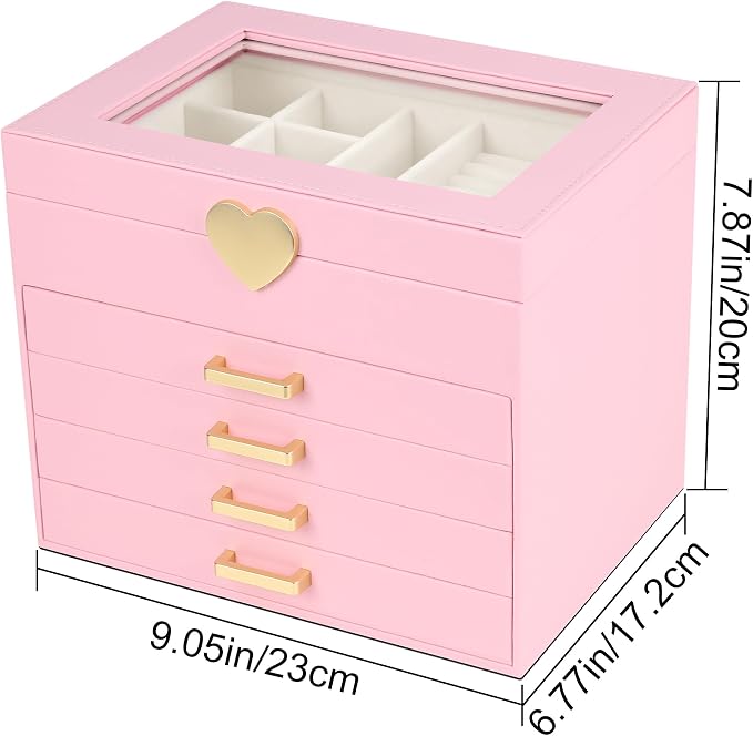 Kendal Jewelry Box, 5-Layer Jewelry Organizer Box with Glass Lid, Pink, Heart Shaped PU Leather, Storage Box for Necklace Earrings Rings Bracelets, Gift Idea for Girls LJC4DRPK - Image 3