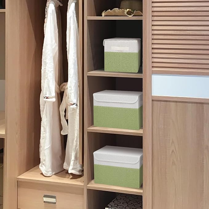 Bagnizer Large 22 Quart Linen Fabric Foldable Storage Bin Cube Organizer Basket with Flip-Top Lid & Handles, Clothes Blanket Box for Home, Office, Closet, Green & White, 4 Pack 14.6 x 9.5 x 9.5 - Image 6