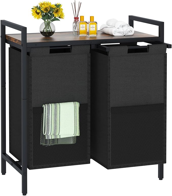 Huhote Laundry Hamper, double Laundry Basket, Laundry Sorter with Top Shelf & 2 Removable Washable Bags & Side Pockets for Laundry Room organization, Bathroom and Dorm, Rustic Brown and Black by Huhote