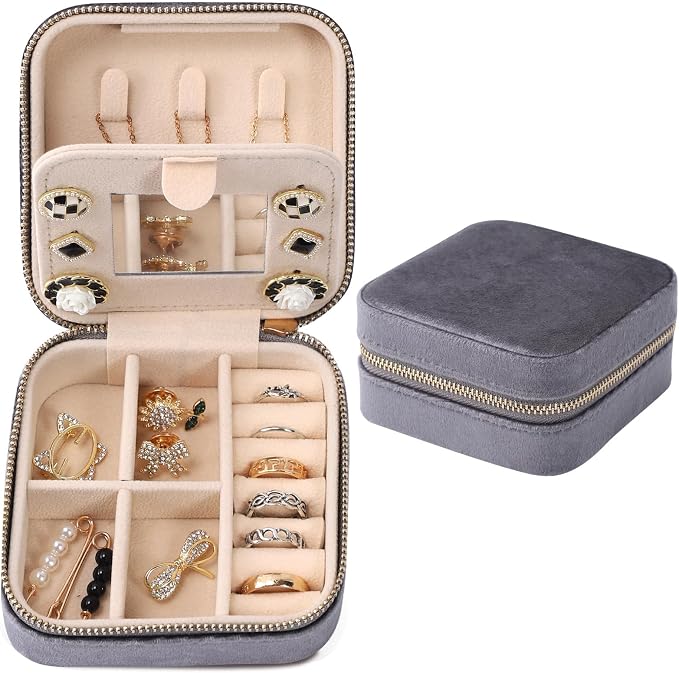 Dajasan Velvet Travel Jewelry Box, Mini Travel Jewelry Case, Small Portable Travel Jewelry Organizer Box with Mirror for Earrings Bracelets Rings Necklace (Grey) by DAJASAN
