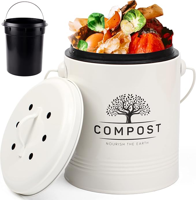 Perfnique Kitchen Compost Bin, 1.3 Gallon Countertop Compost Bin with Lid, Indoor Compost Bucket Includes Inner Bucket Liner and Carbon Filter, Small Compost Bin (Without Bags, Cream) by PERFNIQUE