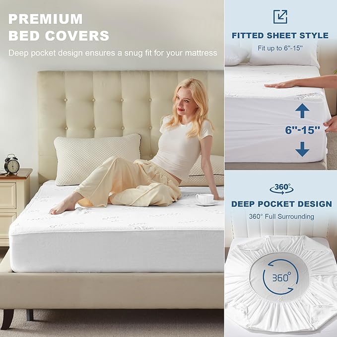 BEDLORE Twin XL Size Waterproof Mattress Protector Viscose Derived from Bamboo, Soft Mattress Cover Fitted with Deep Pocket 6"-15", Breathable Noiseless Mattress Pad, Machine Washable(White)