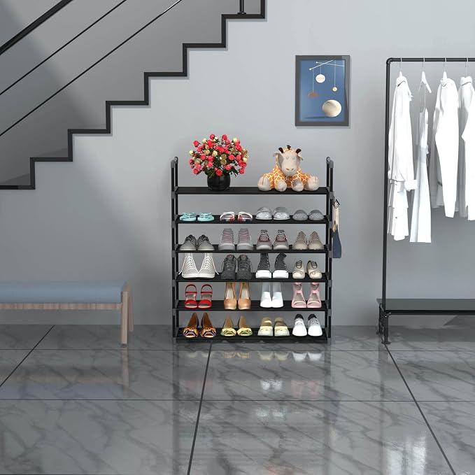Hsscblet 6 Tiers Metal Shoe Rack,Adjustable Shoe Shelf Storage Organizer with Hooks,Stackable Boot & Shoe Storage,for Entryway,Hallway,Closet,Black - Image 2