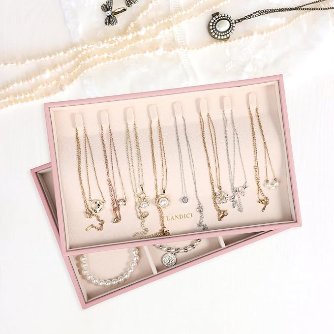 LANDICI Stackable Jewelry Organizer Trays 4 Set,PU Leather Jewelry Organizer Drawer,Jewelry Storage Display Tray for Earring Necklace Rings Bracelet with Removable Dividers,Rose Gold - Image 7